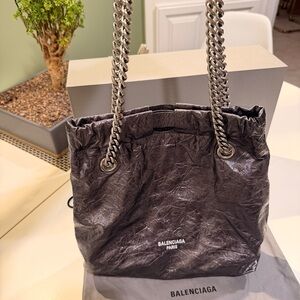 New Balenciaga Crush Small Metallic Crinkled- Leather Chain Tote in Gunmetal